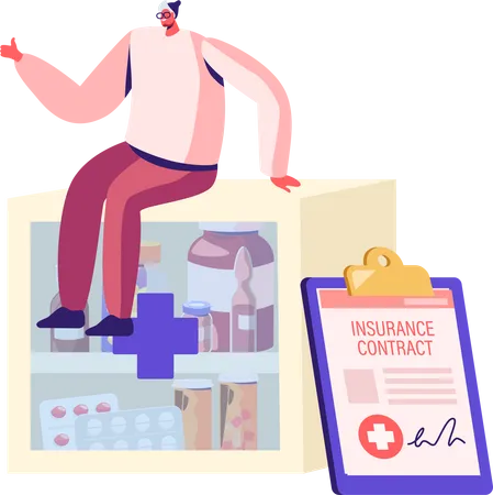 Homem sentado na prateleira com comprimidos médicos com contrato de seguro saúde  Ilustração