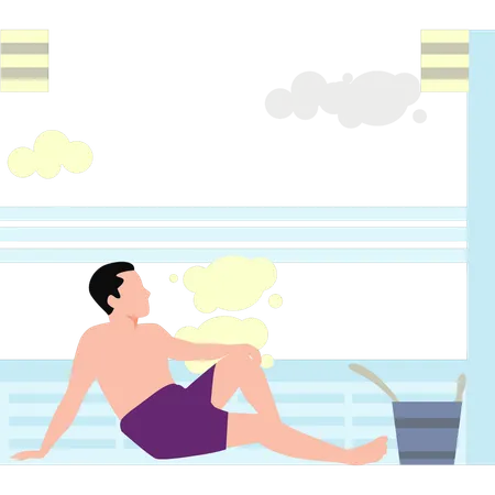 Homem sentado na sauna a vapor  Ilustração