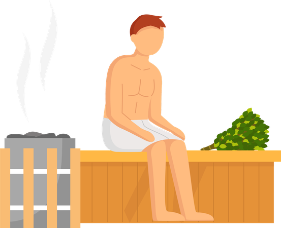 Homem sentado na sauna a vapor  Ilustração