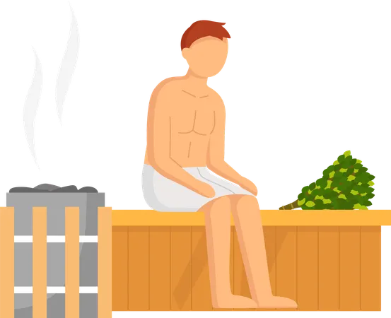 Homem sentado na sauna a vapor  Ilustração