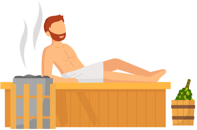 Homem sentado na sauna a vapor  Ilustração