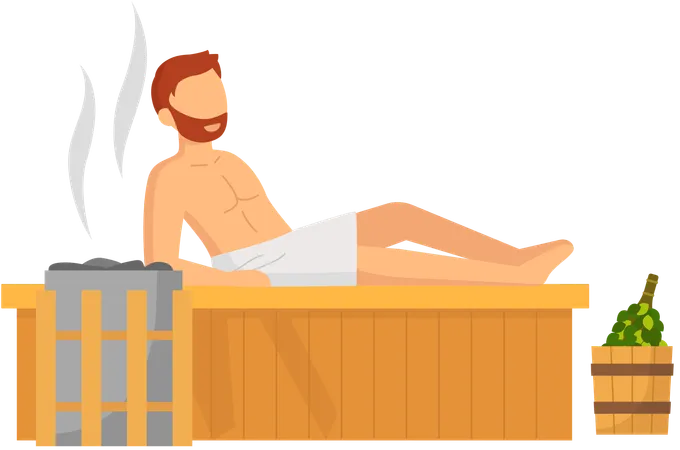 Homem sentado na sauna a vapor  Ilustração