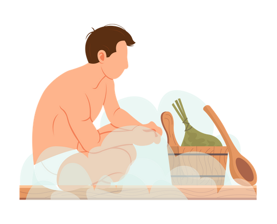 Homem sentado na sauna  Ilustração