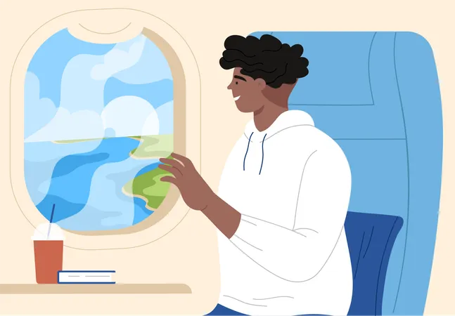 Macho sentado no avião no assento da janela  Ilustração