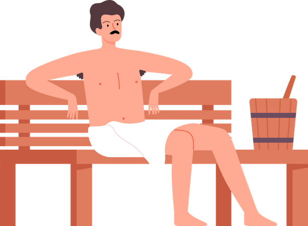 Homem sentado no banco no spa de sauna  Ilustração