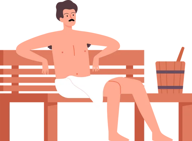 Homem sentado no banco no spa de sauna  Ilustração