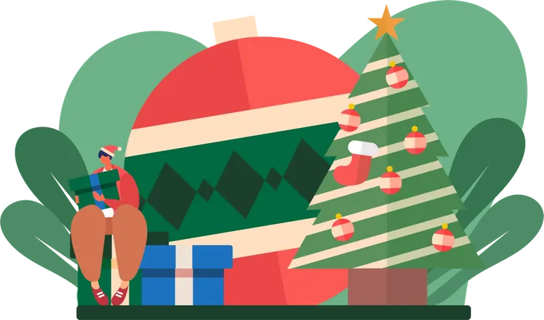 Homem sentado no presente de natal  Ilustração