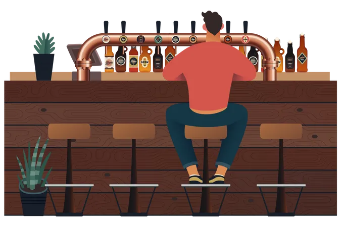 Homem sentado em um bar  Ilustração