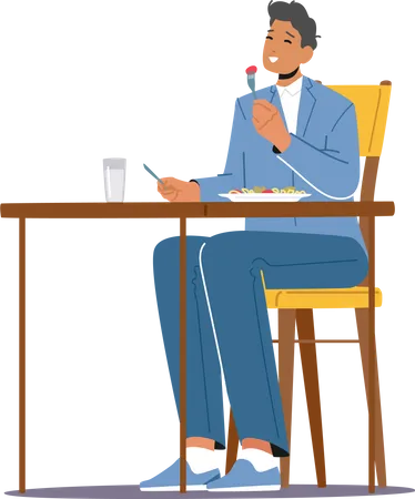 Homem sentado em um restaurante comendo comida  Ilustração