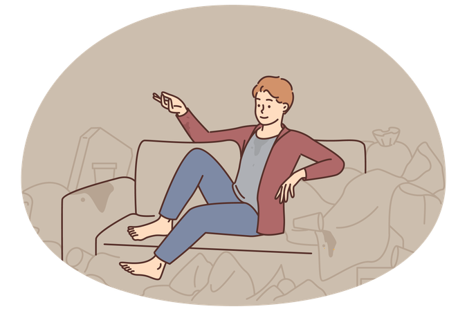 Homem sentado no sofá cercado de lixo  Ilustração