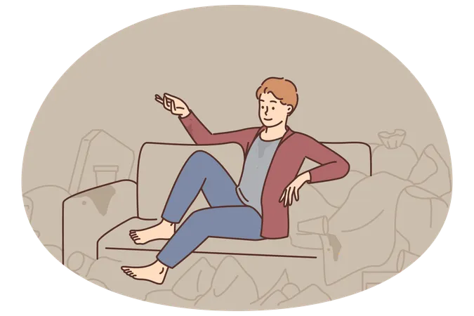 Homem sentado no sofá cercado de lixo  Ilustração