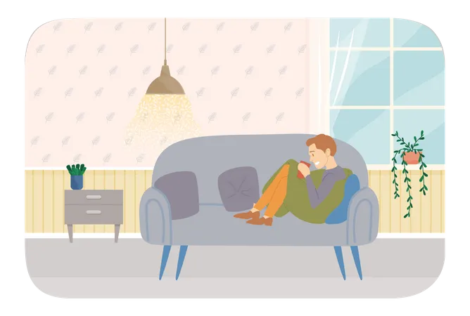 Homem sentado no sofá e tomando café ou chá  Ilustração