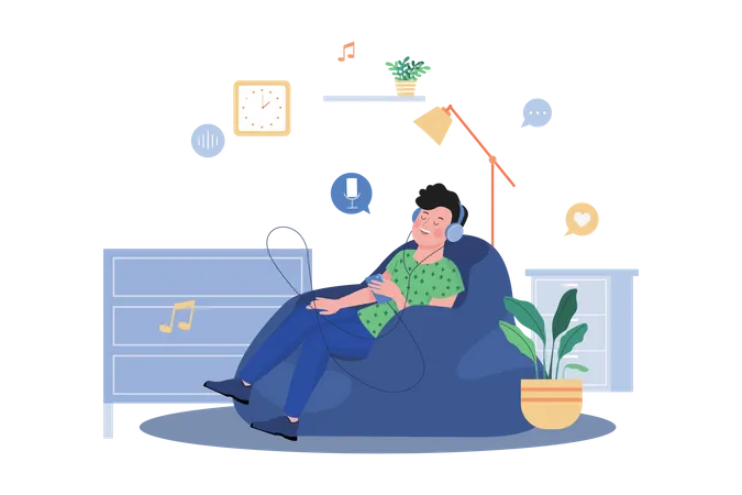 Homem Sentado No Sofa Ouvindo Podcast Ilustração