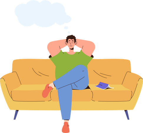 Homem sentado no sofá e sonhando com uma vida futura feliz  Ilustração