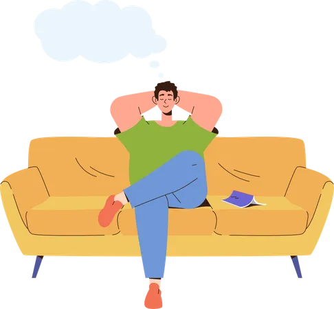 Homem sentado no sofá e sonhando com uma vida futura feliz  Ilustração
