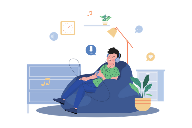 Homem sentado no sofá ouvindo podcast  Ilustração