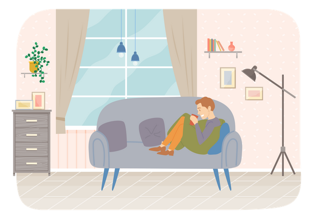 Homem sentado no sofá tomando café ou chá no apartamento  Ilustração