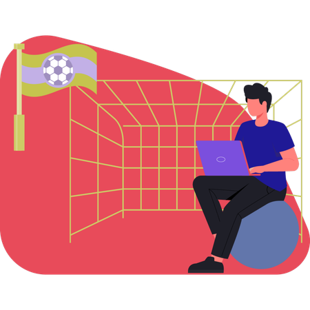 Homem sentado no sofá usando laptop enquanto assiste a uma partida de futebol online  Illustration