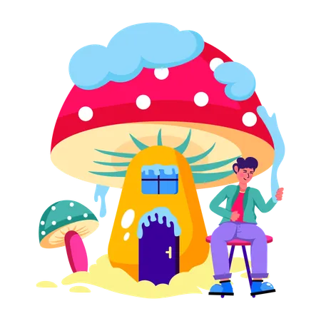 Homem sentado perto da Mushroom House  Ilustração