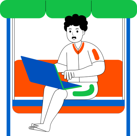 Homem sentado, relaxando com laptop  Ilustração