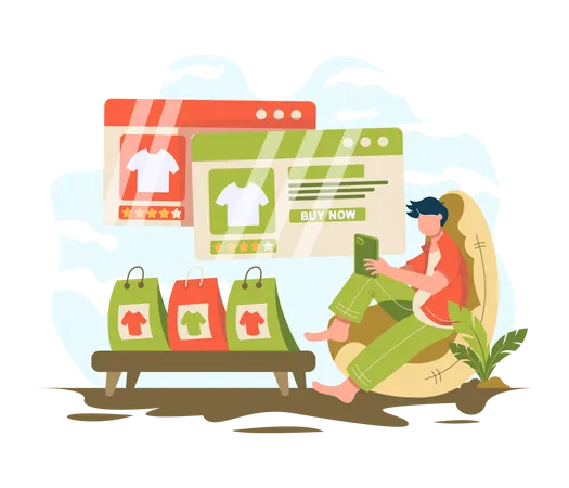 Homem sentado relaxado e fazendo compras on-line usando o celular  Ilustração