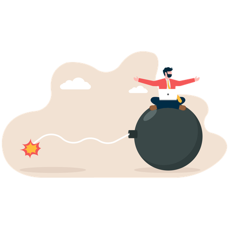 Homem sentado relaxado em cima de uma bomba olhando para um fusível queimando  Ilustração