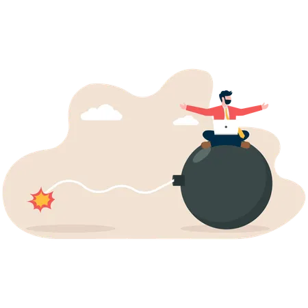 Homem sentado relaxado em cima de uma bomba olhando para um fusível queimando  Ilustração