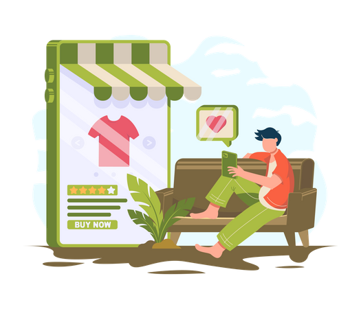 Homem sentado relaxado no sofá e fazendo compras on-line usando o celular  Ilustração