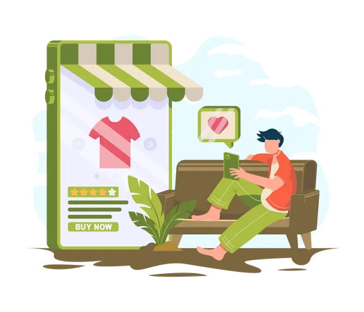 Homem sentado relaxado no sofá e fazendo compras on-line usando o celular  Ilustração