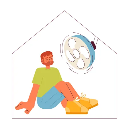 Homem sentado sob ventilador de teto em casa  Ilustração