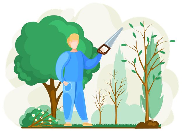 Homem serrar planta com serra manual  Ilustração