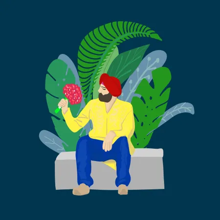 Homem sikh indiano com turbante sentado no parque com flores  Ilustração