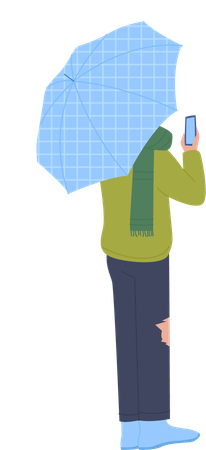 Homem sob guarda-chuvas e usando celular  Ilustração