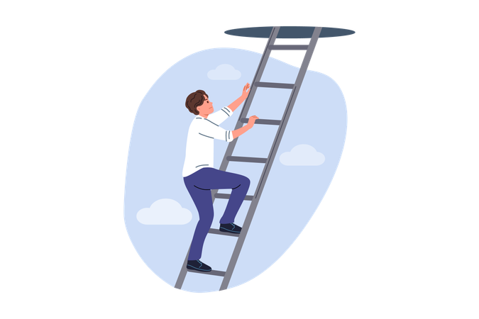 Homem sobe na carreira usando ambição para alcançar novos sucessos e crescimento profissional  Ilustração