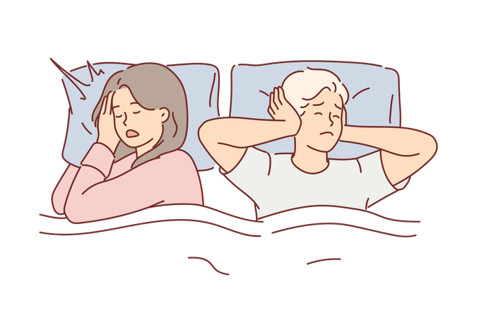 Homem sofre com esposa roncando e fechando ouvidos  Ilustração