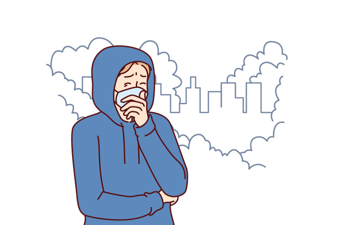 Homem sofre com o clima de poluição do ar  Ilustração