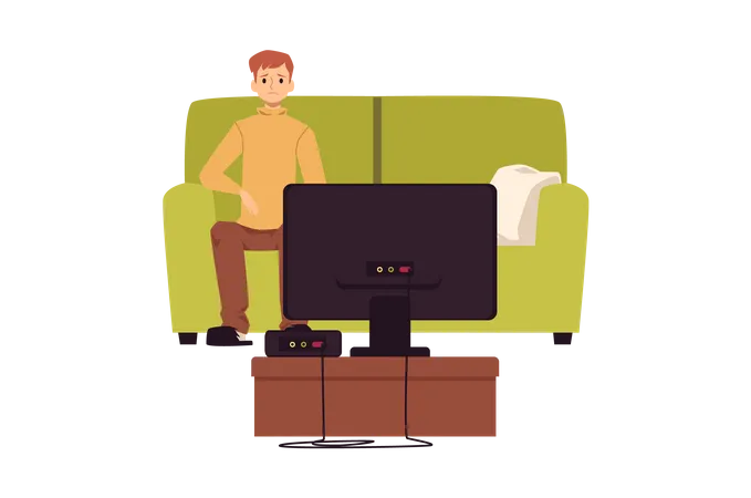 Homem solitário e infeliz sentado em frente à TV  Ilustração