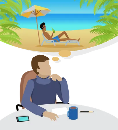 Homem sonhando com férias na praia  Ilustração
