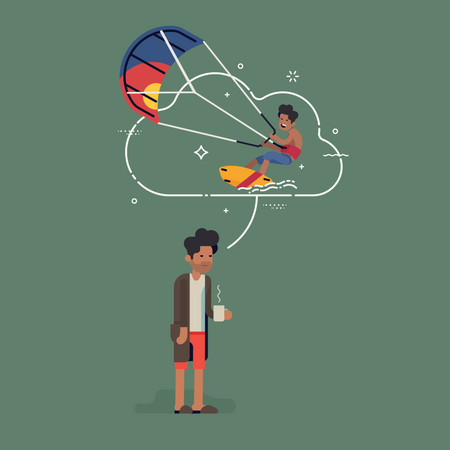 Homem sonhando com o mundo exterior em confinamento  Ilustração