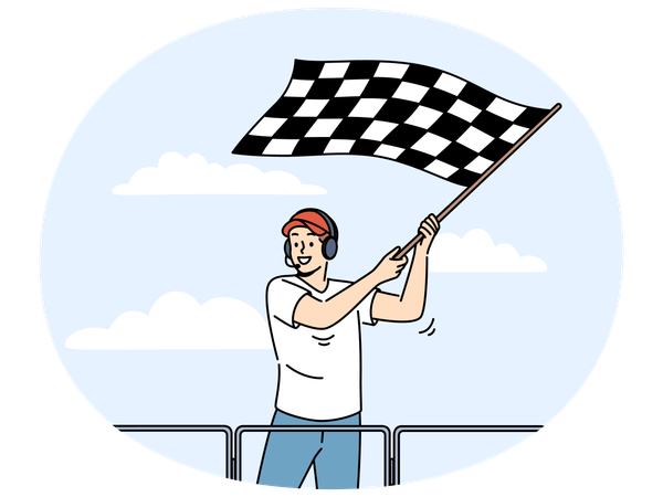 Homem sorridente acenando com bandeira quadriculada em corrida  Ilustração