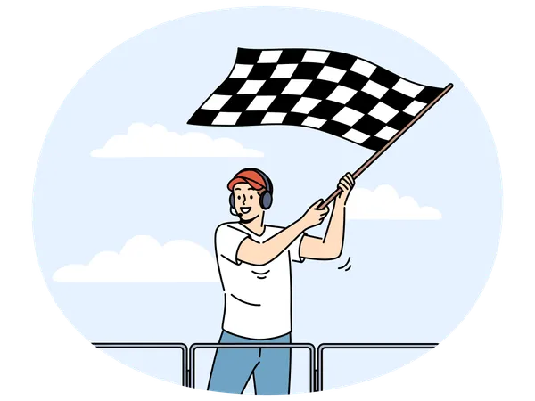Homem sorridente acenando com bandeira quadriculada em corrida  Ilustração