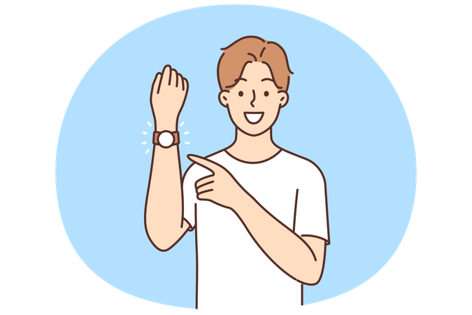 Homem sorridente apontando para relógio de pulso  Ilustração