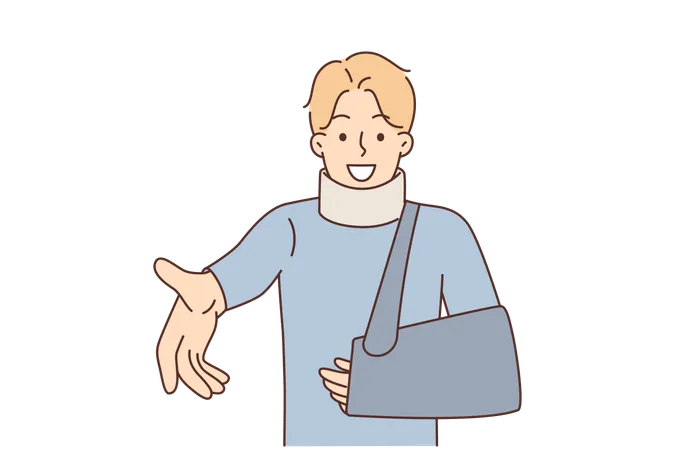 Homem sorridente com braço quebrado e curativo no pescoço  Ilustração