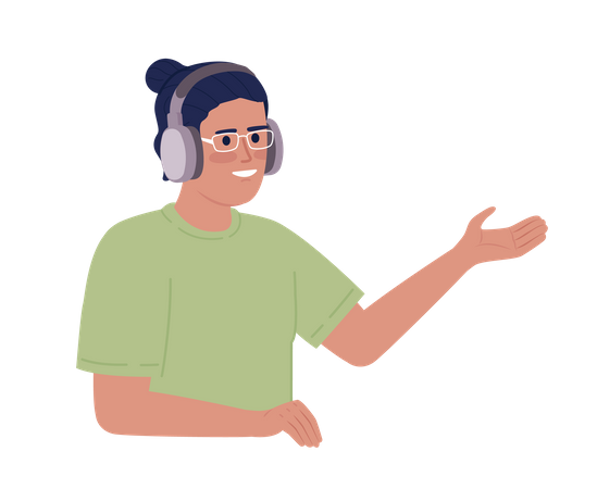 Homem sorridente com fones de ouvido se comunicando  Ilustração