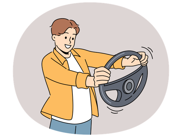 Homem sorridente com volante nas mãos  Ilustração