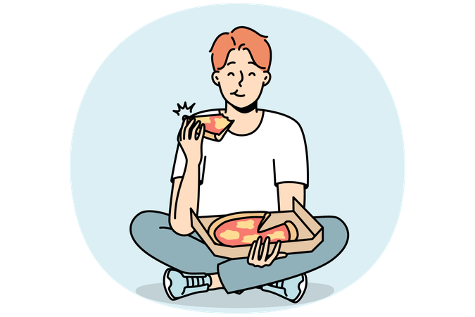 Homem sorridente comendo pizza  Ilustração