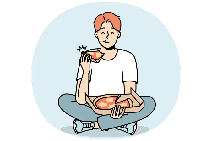 Homem sorridente comendo pizza  Ilustração