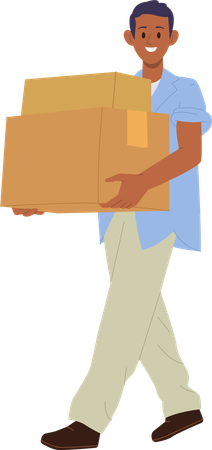 Homem sorridente feliz carregando caixas de papelão  Ilustração