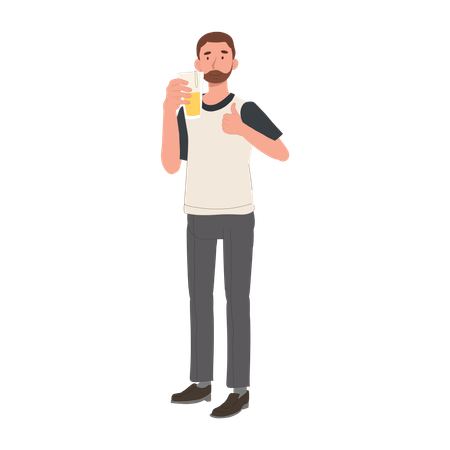 Homem sorridente feliz com polegar para cima e caneca de cerveja  Ilustração