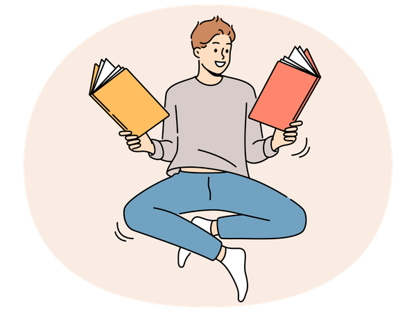 Homem sorridente flutuando no ar lendo livros  Ilustração